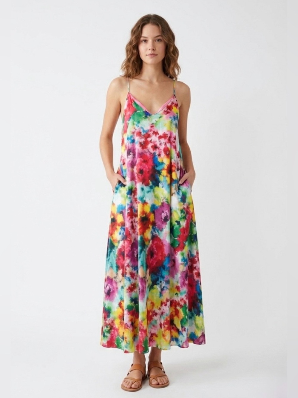 Nicole Miller Watercolor Floral Satin Slip Maxi Pocket Sun Dress Woman’s Size xS
